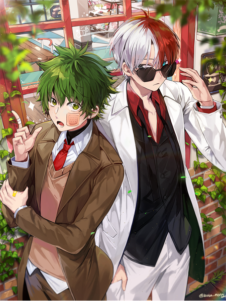 Anime picture 630x841 with boku no hero academia studio bones todoroki shouto midoriya izuku bosack tall image looking at viewer short hair open mouth red eyes green eyes signed silver hair multicolored hair green hair from above two-tone hair multiple boys alternate costume twitter username