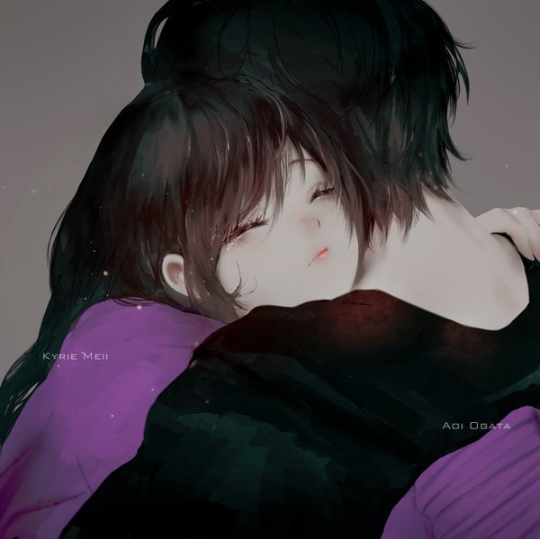Anime picture 1459x1457 with original aoi ogata kyrie meii long hair fringe short hair black hair simple background hair between eyes brown hair signed eyes closed from behind grey background couple hug tears girl boy