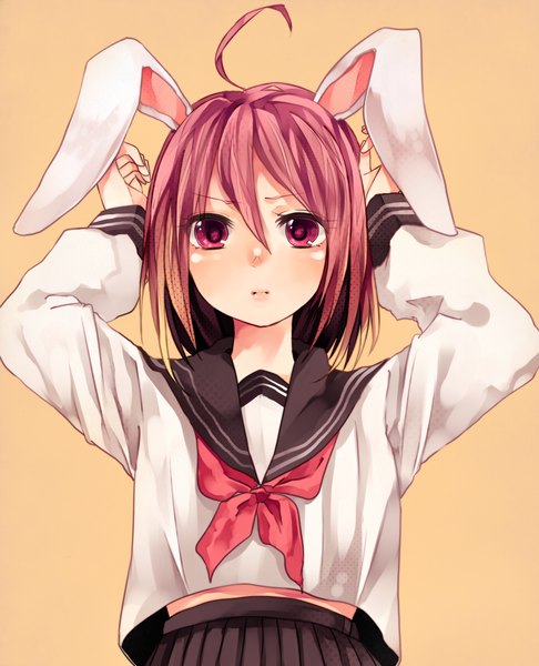Anime picture 1417x1748 with original wakatsuki you single tall image looking at viewer short hair simple background red eyes pink hair bunny ears yellow background girl serafuku