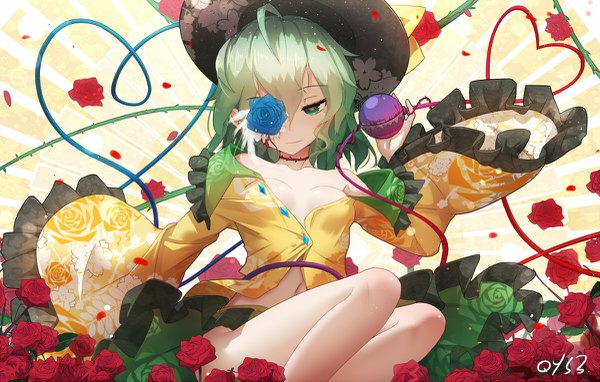 Anime picture 1200x765 with touhou komeiji koishi qys3 single fringe short hair breasts light erotic hair between eyes sitting green eyes ahoge green hair open clothes symbol-shaped pupils heart of string girl flower (flowers) hat petals