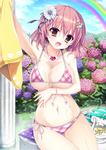 Anime picture 656x927 with original shiwasu horio single tall image looking at viewer blush fringe short hair breasts open mouth light erotic smile hair between eyes large breasts sitting bare shoulders holding yellow eyes payot pink hair