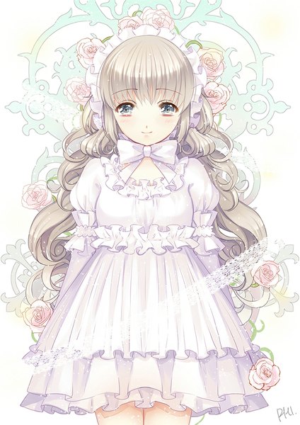 Anime picture 761x1076 with original philomelalilium single long hair tall image looking at viewer blush blue eyes smile purple hair girl dress hair ornament flower (flowers) bow hairband white dress rose (roses)