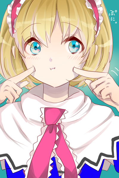 Anime picture 900x1350 with touhou alice margatroid rosette (roze-ko) single tall image blush short hair blue eyes blonde hair looking away portrait hands on face cheek poke girl hairband