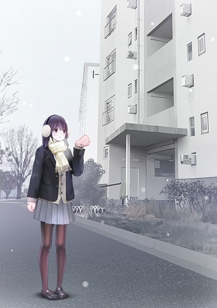 Anime picture 827x1169 with original chikuwa (odennabe) single tall image short hair purple eyes looking away sky purple hair pleated skirt snowing snow exhalation girl skirt plant (plants) pantyhose tree (trees) jacket scarf