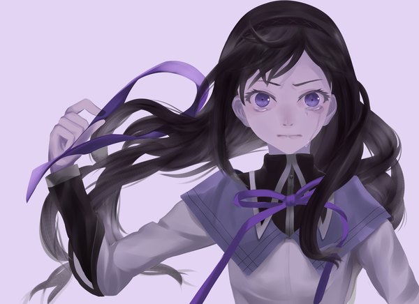 Anime picture 2000x1456 with mahou shoujo madoka magica shaft (studio) akemi homura wen90092 single long hair looking at viewer fringe highres black hair simple background purple eyes holding lips tears crying purple background girl ribbon (ribbons) hair ribbon