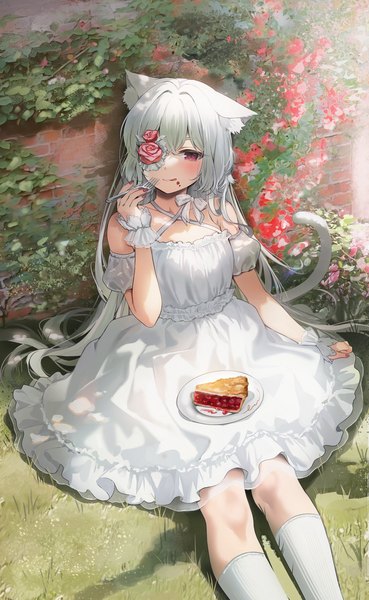 Anime picture 1200x1952 with original gijang single long hair tall image looking at viewer blush fringe red eyes sitting bare shoulders holding animal ears outdoors white hair tail nail polish animal tail cat ears short sleeves