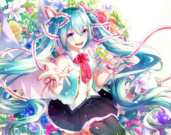 Anime-Bild 2755x2184 mit vocaloid hatsune miku gari (apollonica) single looking at viewer blush fringe highres open mouth blue eyes smile hair between eyes sitting twintails holding very long hair :d pleated skirt from above aqua hair