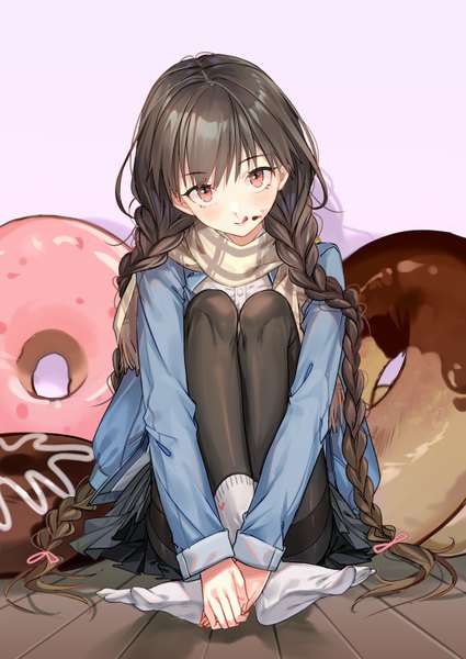 Anime picture 4299x6070 with original almic single long hair tall image looking at viewer blush fringe highres simple background brown hair white background sitting brown eyes absurdres braid (braids) head tilt shadow twin braids :q