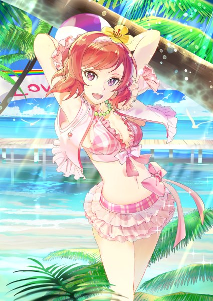 Anime picture 850x1200 with love live! school idol project sunrise (studio) love live! nishikino maki 119 single tall image looking at viewer fringe short hair open mouth light erotic standing purple eyes sky cloud (clouds) red hair hair flower sunlight bare belly