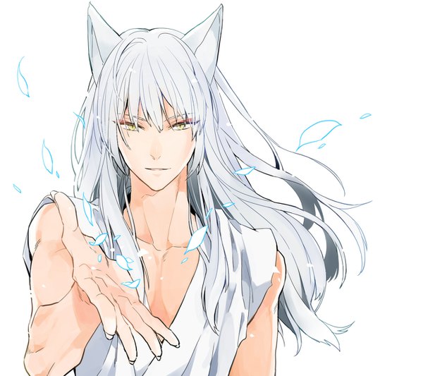 Anime picture 1349x1200 with yu yu hakusho youko kurama hoyano single long hair looking at viewer simple background white background green eyes animal ears silver hair upper body fingernails wind sleeveless fox ears long fingernails outstretched hand fox boy boy