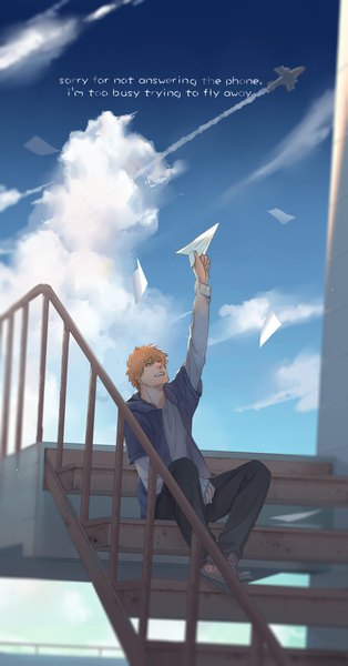 Anime picture 1889x3602 with bleach studio pierrot kurosaki ichigo keroooooo single tall image highres short hair sitting sky cloud (clouds) full body arm up orange hair text looking up english casual condensation trail boy