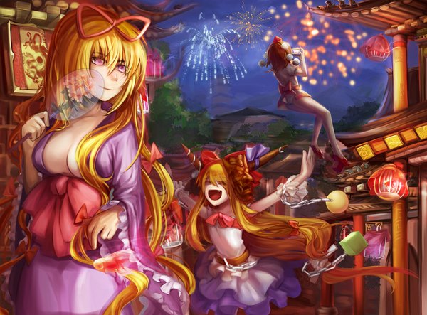 Anime picture 1175x868 with touhou yakumo yukari shameimaru aya ibuki suika zhuagui ramble12 long hair short hair breasts open mouth light erotic blonde hair smile brown hair multiple girls eyes closed japanese clothes pink eyes horn (horns) teeth