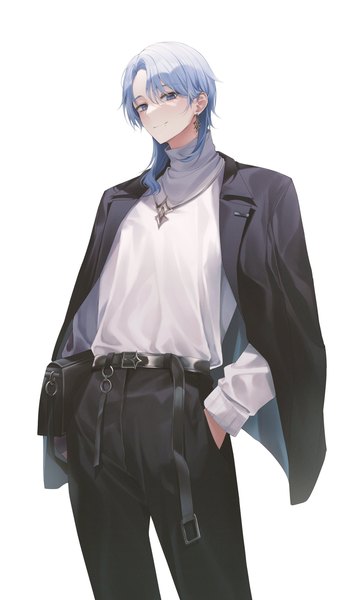 Anime picture 2458x4096 with genshin impact kamisato ayato solcha single long hair tall image looking at viewer highres blue eyes simple background smile standing white background blue hair mole alternate costume hand in pocket mole under mouth clothes on shoulders boy