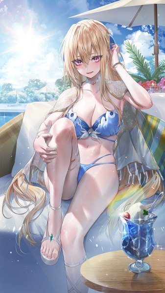 Anime picture 3240x5760 with heaven burns red shirakawa yuina heirou single long hair tall image blush fringe highres breasts open mouth light erotic blonde hair hair between eyes red eyes large breasts sitting looking away absurdres sky