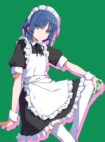 Anime picture 1886x2559 with bocchi the rock! cloverworks yamada ryou joniwi single tall image looking at viewer highres short hair simple background sitting yellow eyes blue hair mole maid mole under eye expressionless green background girl thighhighs