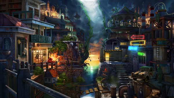 Anime picture 1920x1080 with original lan wu highres wide image sky cloud (clouds) city evening sunset cityscape river eyes plant (plants) animal tree (trees) water bird (birds) building (buildings) cat ground vehicle