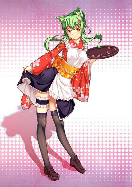 Anime picture 827x1169 with original hz204218 single long hair tall image looking at viewer smile animal ears green hair cat ears shadow orange eyes girl thighhighs dress black thighhighs frills tray