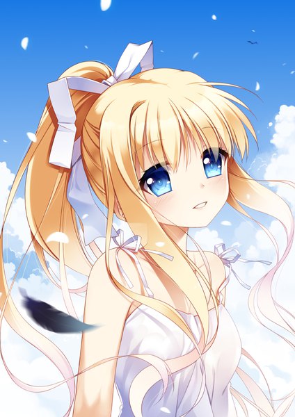 Anime-Bild 744x1052 mit air key (studio) kamio misuzu xia xiang (ozicha) single long hair tall image looking at viewer blue eyes blonde hair bare shoulders payot sky cloud (clouds) upper body ponytail parted lips girl dress ribbon (ribbons)