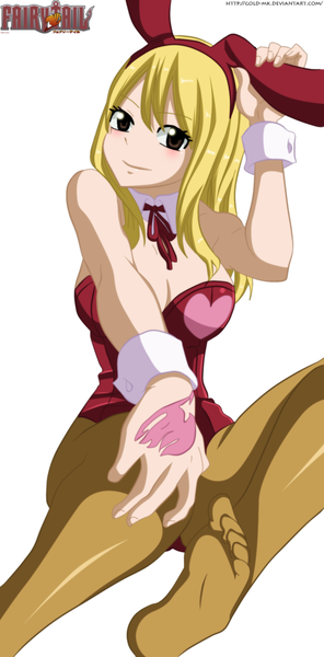 Anime picture 930x1882 with fairy tail lucy heartfilia gold-mk single long hair tall image blush light erotic simple background blonde hair smile white background brown eyes animal ears inscription tattoo bunny ears legs coloring bunny girl