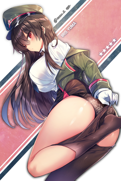 Anime picture 1000x1500 with soul worker iris yuma maett single long hair tall image looking at viewer blush fringe breasts light erotic hair between eyes red eyes brown hair large breasts signed bent knee (knees) ass from behind open clothes