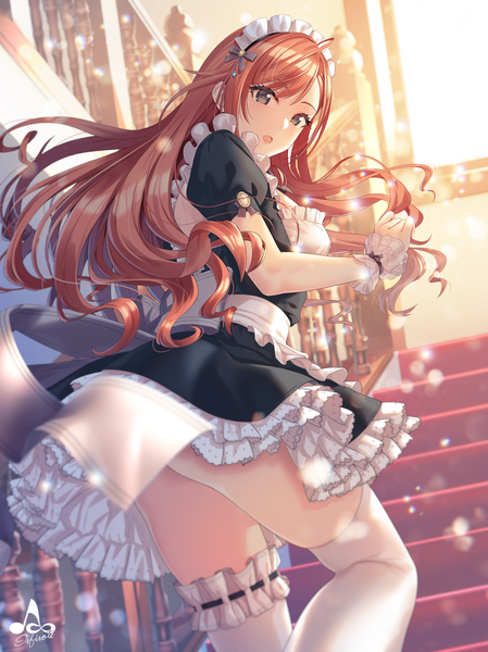 Anime picture 1347x1800 with idolmaster idolmaster shiny colors arisugawa natsuha infinote single long hair tall image looking at viewer blush fringe open mouth light erotic brown hair signed ahoge indoors looking back from behind sunlight from below