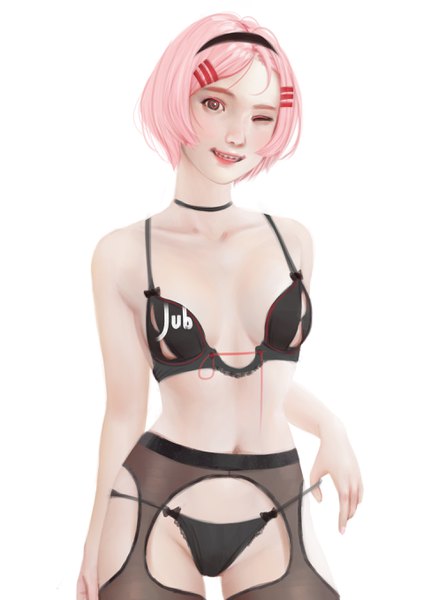 Anime picture 1920x2716 with original lika (jubi) jubi (regiana) single tall image looking at viewer highres short hair breasts light erotic smile white background bare shoulders signed pink hair one eye closed pink eyes realistic underwear only symbol-shaped pupils