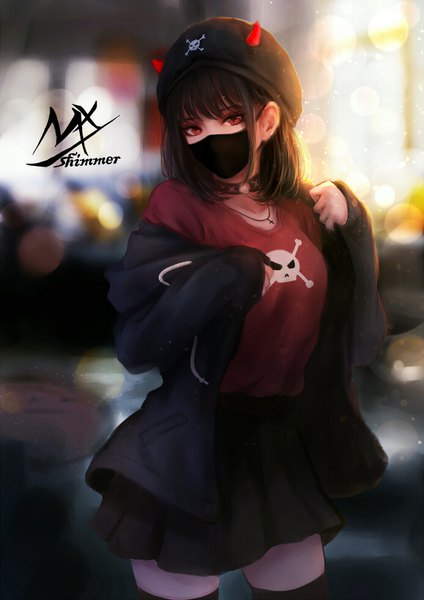 Anime picture 1116x1578 with original shimmer single tall image looking at viewer fringe short hair black hair red eyes standing signed payot long sleeves head tilt pleated skirt horn (horns) blurry off shoulder depth of field sleeves past wrists