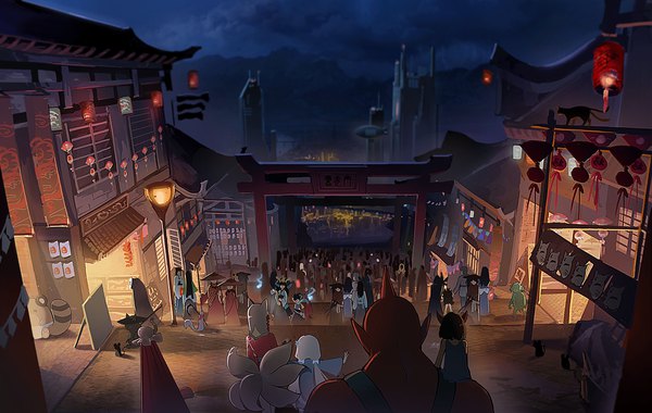 Anime picture 4643x2946 with spirited away original studio ghibli no face (spirited away) doitsu no kagaku highres twintails multiple girls animal ears absurdres cloud (clouds) outdoors horn (horns) night multiple boys night sky fox ears low twintails city cityscape