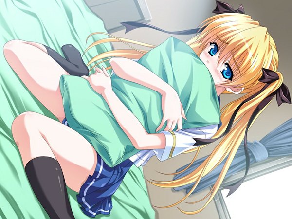 Anime picture 1024x768 with natsumegu celes alford single long hair looking at viewer blush fringe blue eyes blonde hair hair between eyes sitting twintails game cg pleated skirt dutch angle embarrassed hug girl skirt uniform
