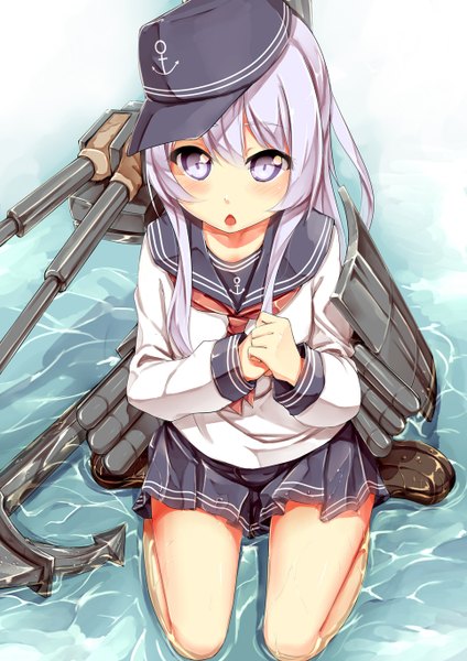 Anime picture 966x1366 with kantai collection hibiki destroyer pack er 5 single long hair tall image looking at viewer blush open mouth blue eyes white hair girl skirt weapon water sailor suit flat cap anchor symbol anchor
