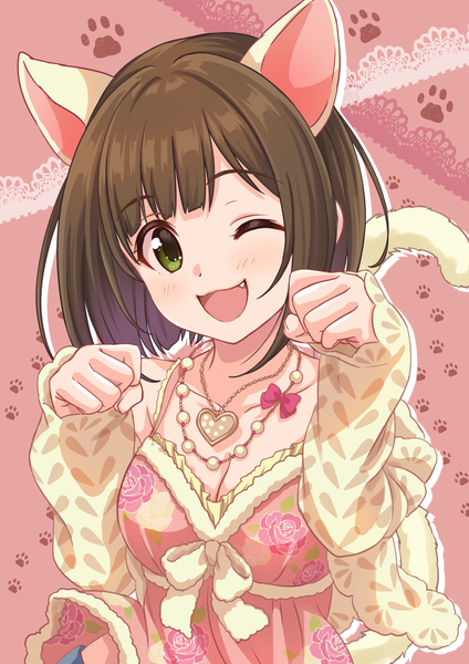 Anime picture 1273x1800 with idolmaster idolmaster cinderella girls maekawa miku necocafe lili single tall image looking at viewer blush fringe short hair breasts open mouth simple background smile brown hair green eyes animal ears cleavage upper body tail