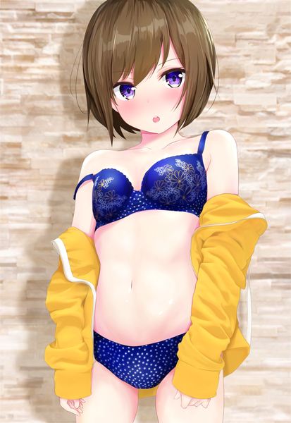 Anime picture 896x1300 with original mito ichijyo single tall image looking at viewer blush fringe short hair breasts open mouth light erotic hair between eyes brown hair standing purple eyes cleavage off shoulder open jacket :o shadow