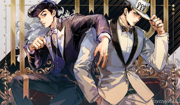 Anime picture 1350x788 with jojo no kimyou na bouken kujo jotaro higashikata jousuke zzyzzyy looking at viewer short hair blue eyes black hair wide image signed multiple boys hand in pocket adjusting hat back to back hand on another's shoulder pompadour boy hat bowtie 2 boys