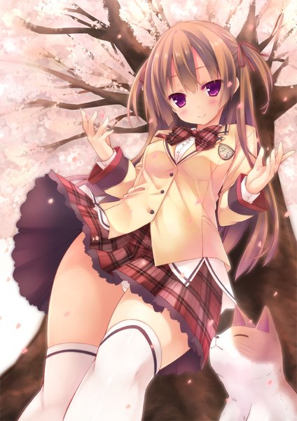 Anime picture 700x990 with original ryo (botugo) single long hair tall image looking at viewer blush fringe breasts light erotic smile hair between eyes brown hair standing twintails purple eyes long sleeves head tilt pleated skirt arms up