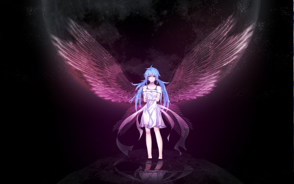 Anime picture 3240x2027 with vocaloid hatsune miku takka (aegis9294) single long hair highres wide image twintails blue hair absurdres heterochromia reflection girl dress wings moon