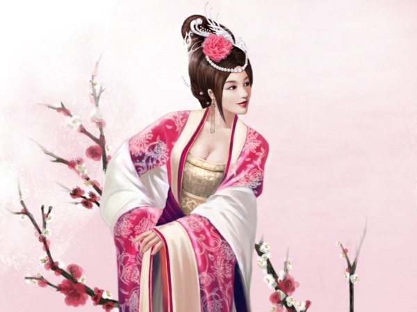 Anime picture 1024x768 with original tagme (artist) short hair brown hair looking away hair flower wide sleeves pink background plum blossoms girl hair ornament flower (flowers) branch