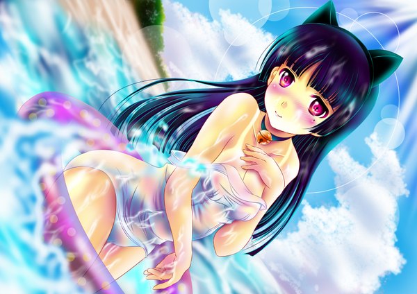 Anime picture 3541x2508 with ore no imouto ga konna ni kawaii wake ga nai gokou ruri aka kitsune single long hair looking at viewer blush highres light erotic red eyes bare shoulders animal ears absurdres purple hair cloud (clouds) cat ears tan girl swimsuit water