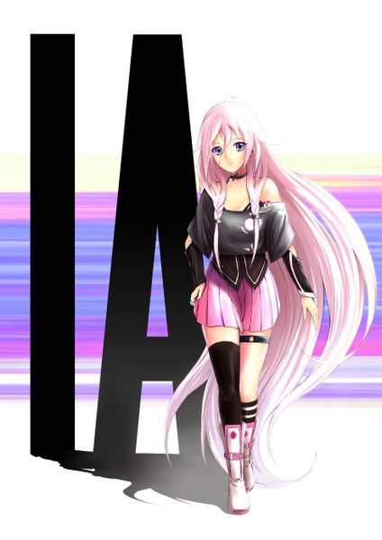 Anime-Bild 1800x2546 mit vocaloid ia (vocaloid) single tall image highres blue eyes simple background bare shoulders pink hair braid (braids) very long hair inscription shadow legs twin braids multicolored eyes girl thighhighs dress skirt