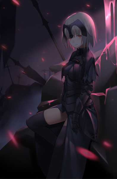 Anime picture 1014x1542 with fate (series) fate/grand order jeanne d'arc (fate) (all) jeanne d'arc alter (fate) chiiio single tall image looking at viewer blush fringe short hair breasts blonde hair brown eyes bent knee (knees) light smile blurry shadow zettai ryouiki dark background