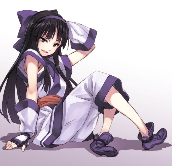 Anime picture 1200x1158 with hyouka samurai spirits kyoto animation nakoruru kouchi ayako matsuryuu single long hair looking at viewer blue eyes black hair simple background sitting hand on head cosplay nakoruru (cosplay) girl gloves bow hair bow