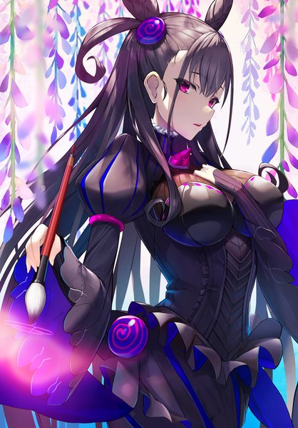 Anime picture 714x1024 with fate (series) fate/grand order murasaki shikibu (fate) rods single long hair tall image looking at viewer blush fringe breasts light erotic black hair hair between eyes large breasts standing holding payot pink eyes wide sleeves