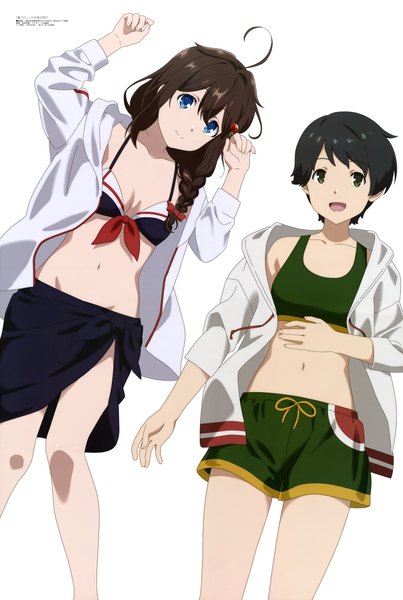 Anime picture 6074x9049 with kantai collection megami magazine shigure destroyer mogami heavy cruiser ishii madoka long hair tall image looking at viewer fringe highres short hair open mouth blue eyes black hair simple background smile hair between eyes brown hair standing white background