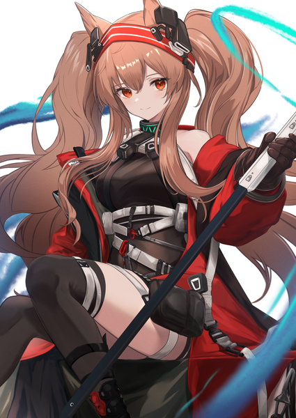 Anime picture 910x1286 with arknights angelina (arknights) angelina (distinguished visitor) (arknights) nokke o single long hair tall image looking at viewer fringe smile hair between eyes red eyes brown hair twintails animal ears official alternate costume girl thighhighs black thighhighs hairband