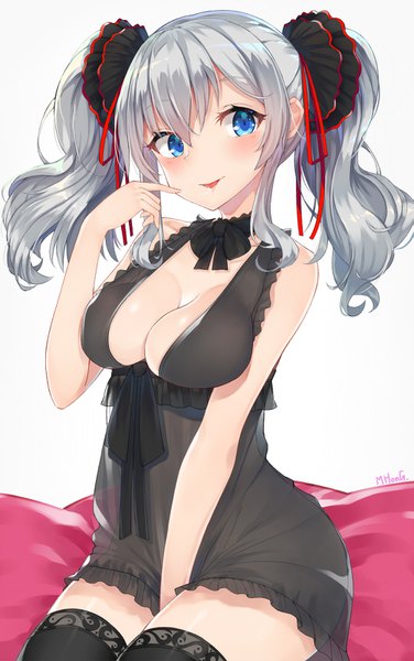 Anime picture 1003x1600 with kantai collection kashima training cruiser mhong single long hair tall image looking at viewer blush breasts blue eyes light erotic sitting twintails silver hair girl thighhighs dress black thighhighs black dress