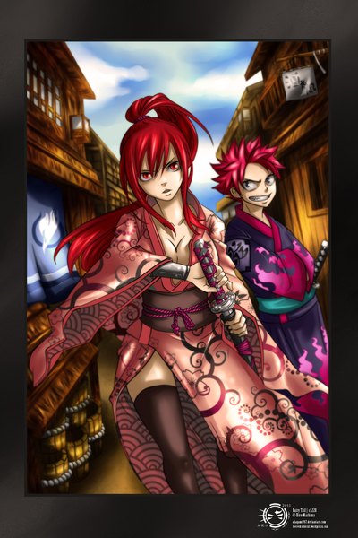 Anime picture 1353x2029 with fairy tail erza scarlet natsu dragneel akagami707 long hair tall image short hair light erotic red eyes brown eyes pink hair sky cloud (clouds) ponytail red hair japanese clothes grin coloring framed street
