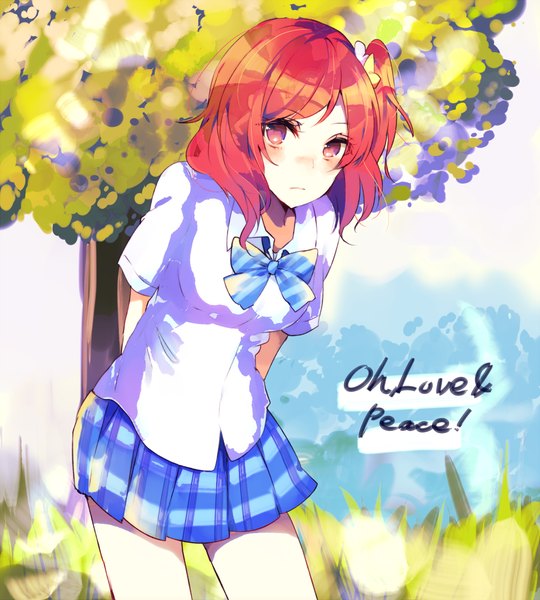 Anime picture 1000x1111 with love live! school idol project sunrise (studio) love live! nishikino maki sonko single tall image looking at viewer blush short hair red eyes red hair embarrassed one side up hands behind back girl skirt uniform bow plant (plants)