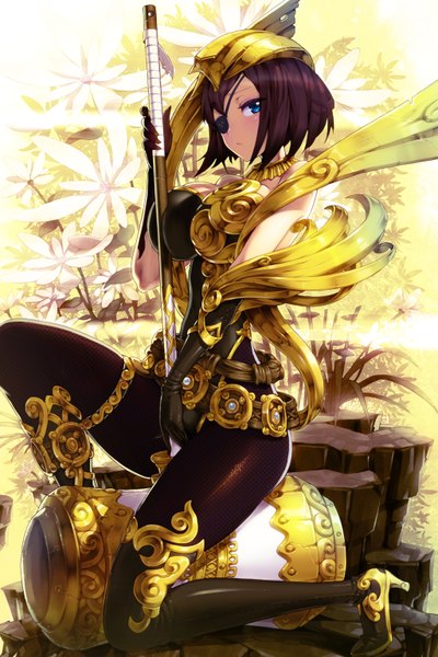 Anime picture 1024x1536 with blade & soul tagme (character) tagme (artist) single tall image looking at viewer blush fringe short hair breasts blue eyes light erotic brown hair large breasts parted lips sunlight official art high heels girl gloves