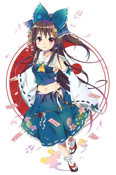 Anime picture 1400x2100 with touhou pixiv hakurei reimu motiking long hair tall image looking at viewer blush fringe highres open mouth red eyes brown hair standing white background bare shoulders ponytail long sleeves japanese clothes hair flower