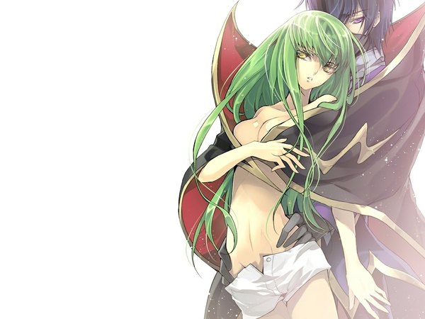Anime picture 1120x840 with code geass sunrise (studio) c.c. lelouch lamperouge zero (code geass) creayus long hair fringe short hair breasts light erotic black hair standing white background holding yellow eyes purple hair parted lips green hair bare belly
