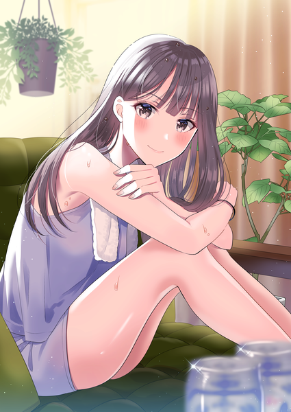 Anime picture 2508x3541 with original myusha single long hair tall image looking at viewer blush fringe highres breasts light erotic smile brown hair sitting brown eyes bent knee (knees) indoors blunt bangs bare legs wet